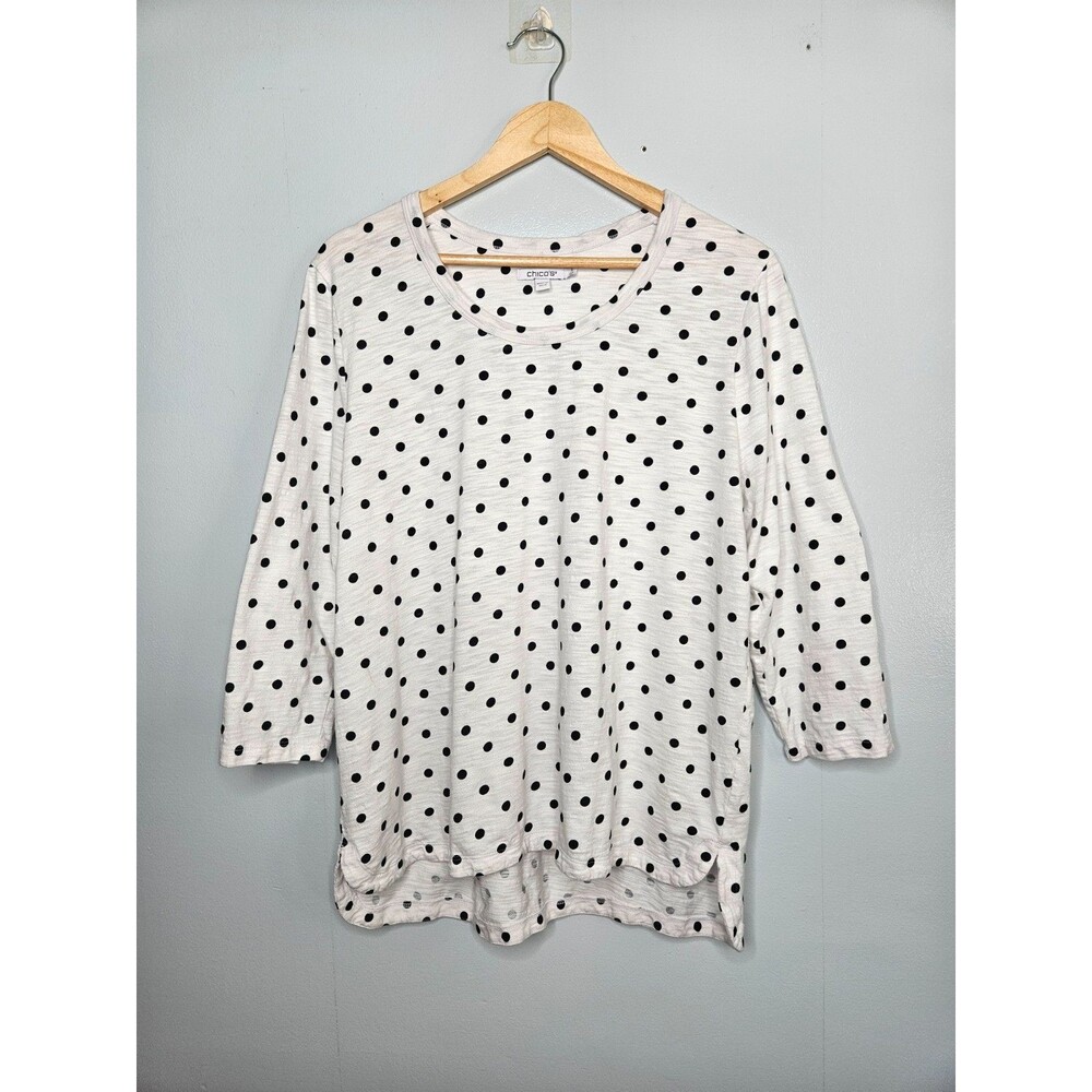 CHICO'S Polka Dot Casual Shirt XL 3 Modal Cotton Blend 3/4 Sleeves White Black